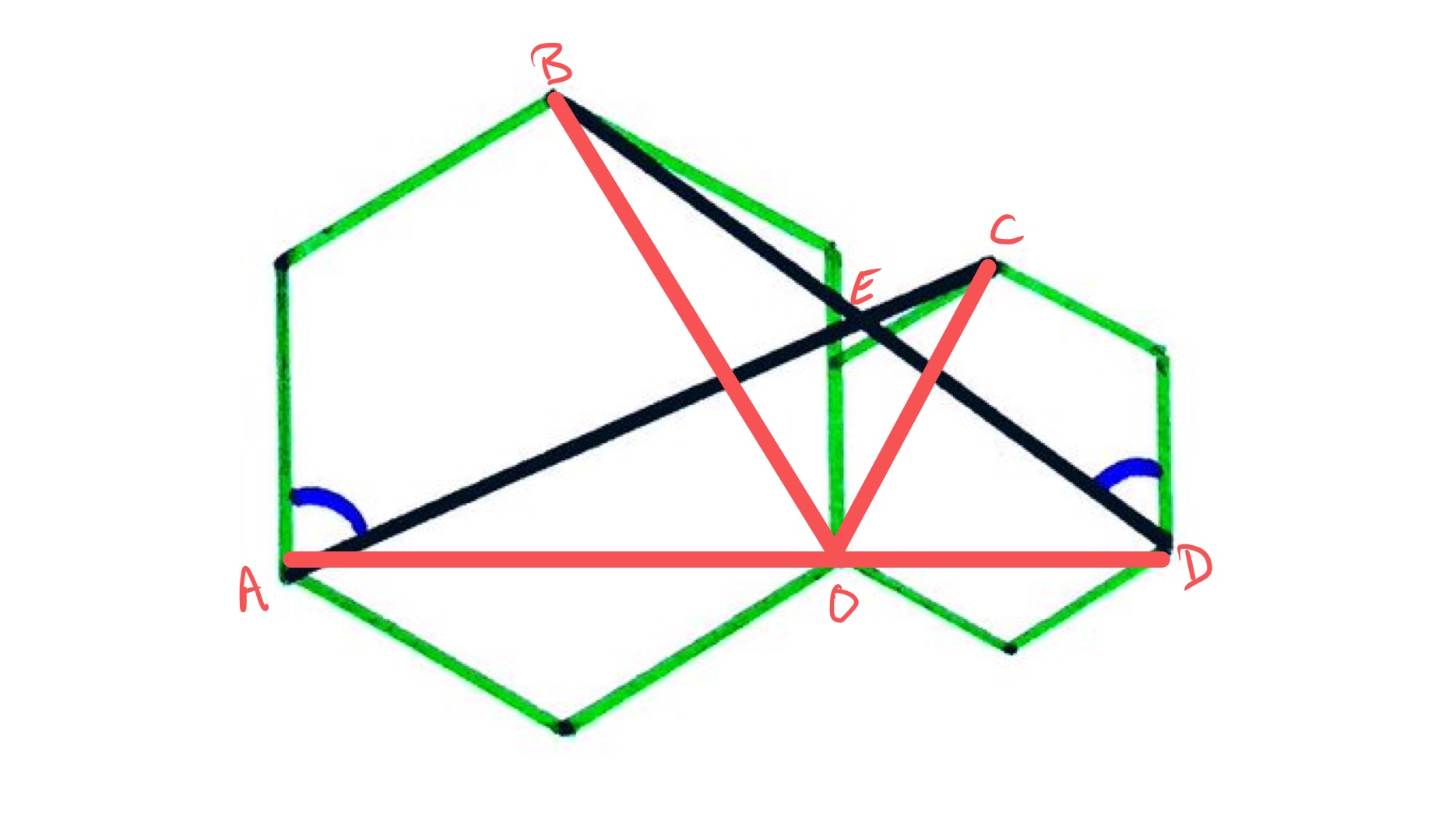 Angles in two hexagons labelled