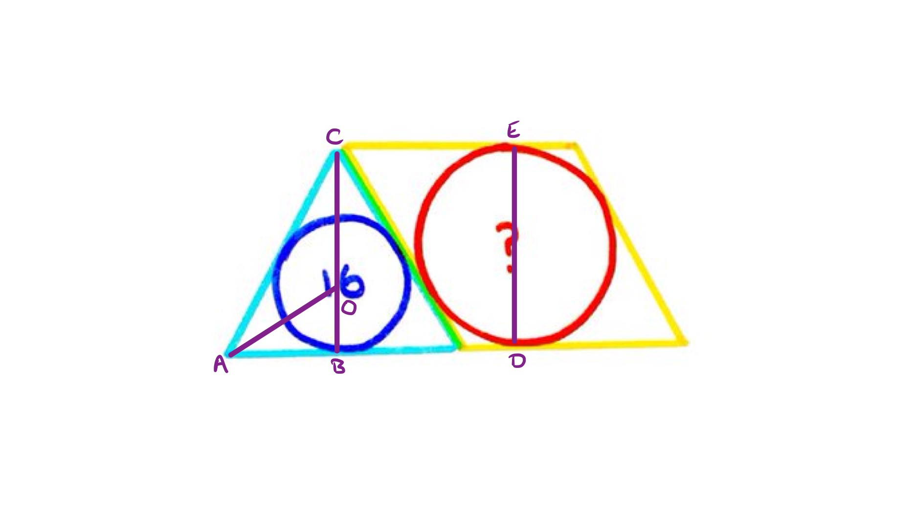 Circles in triangle and rhombus labelled
