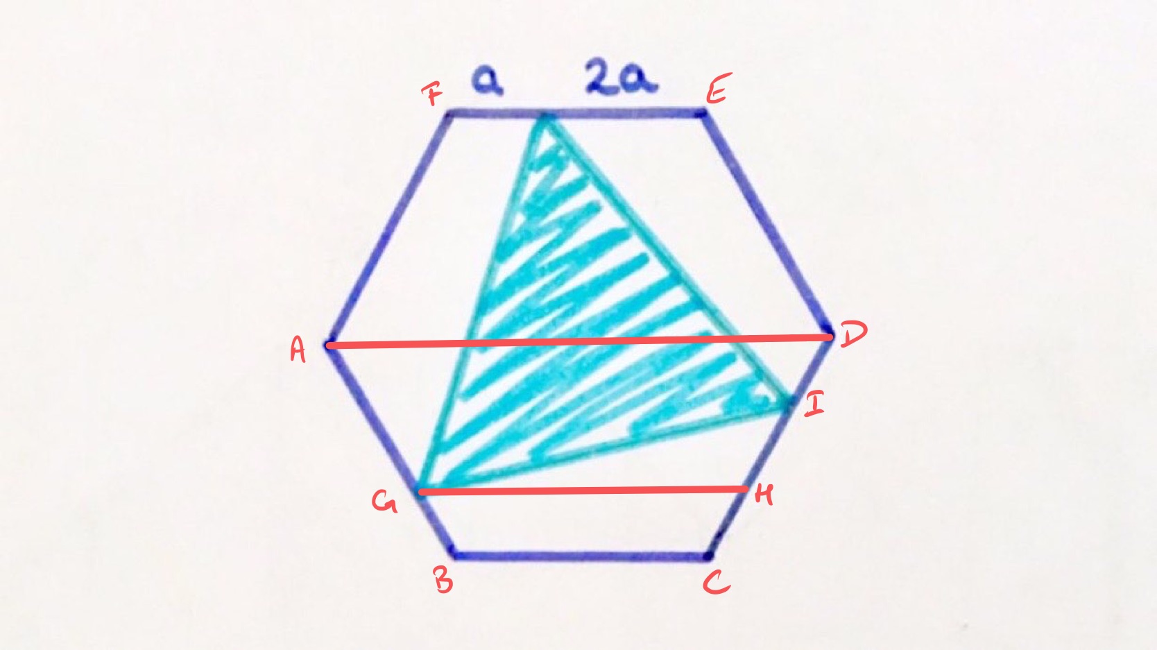 Equilateral triangle in a hexagon labelled 