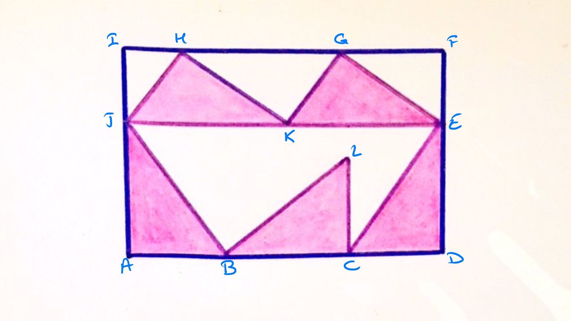 Five triangles in a rectangle labelled