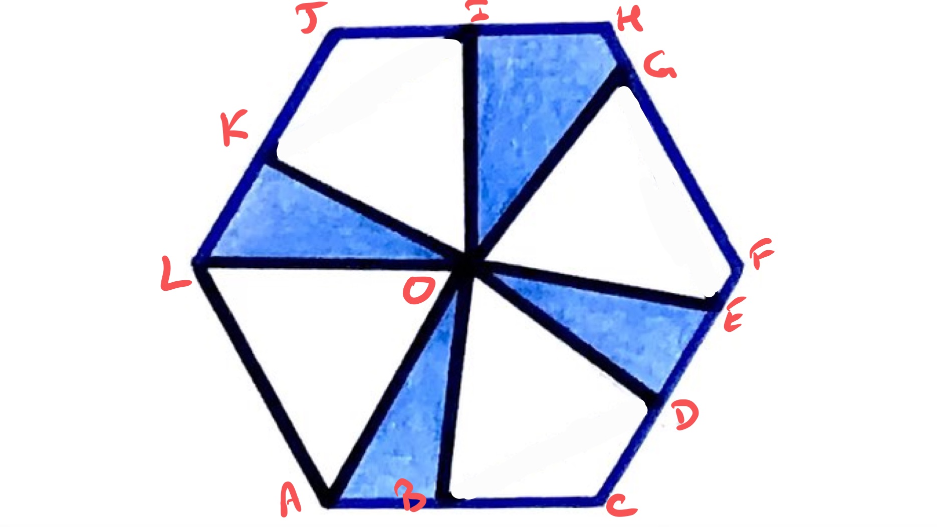 Four equilateral triangles inside a hexagon with labels