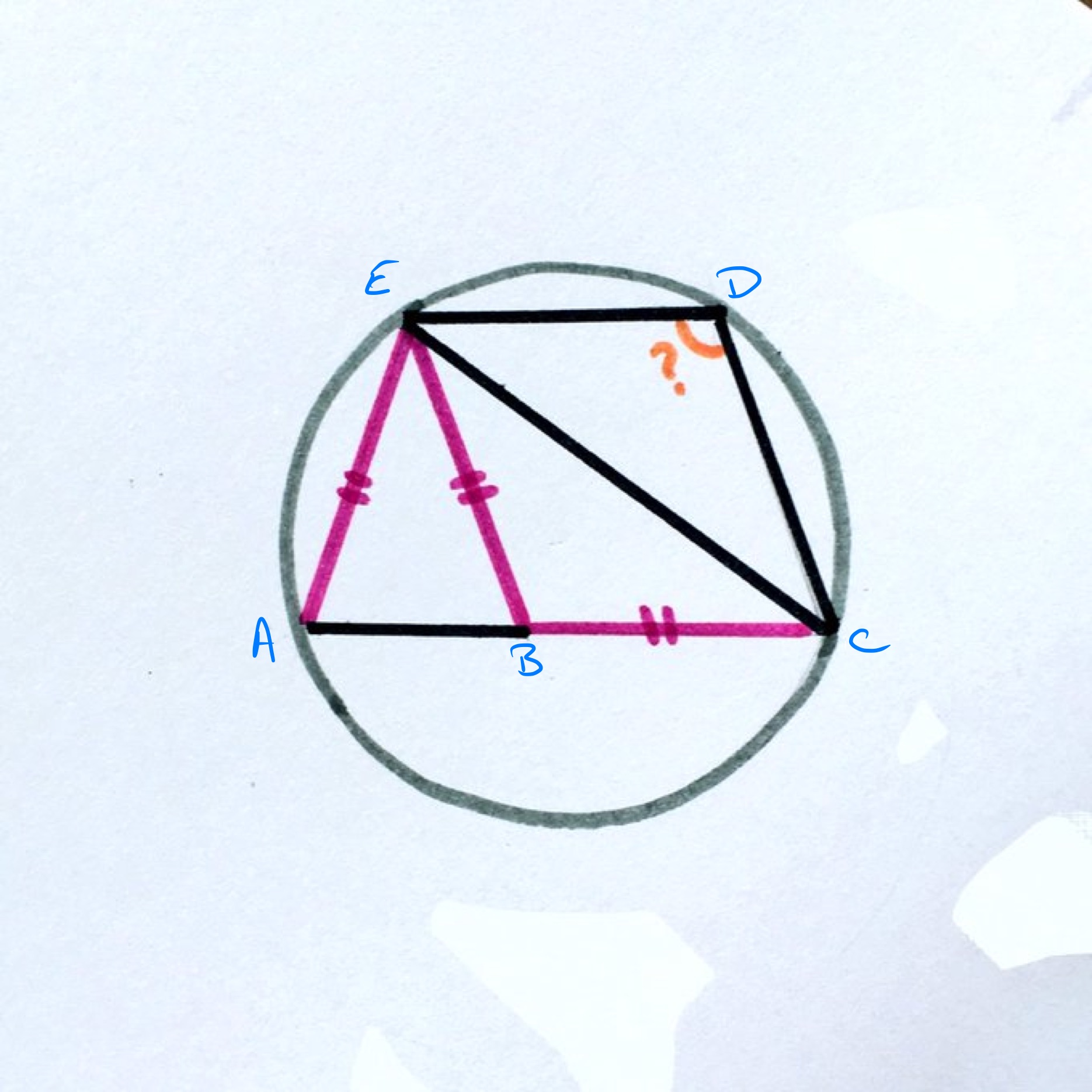 Four isosceles triangles in a circle labelled