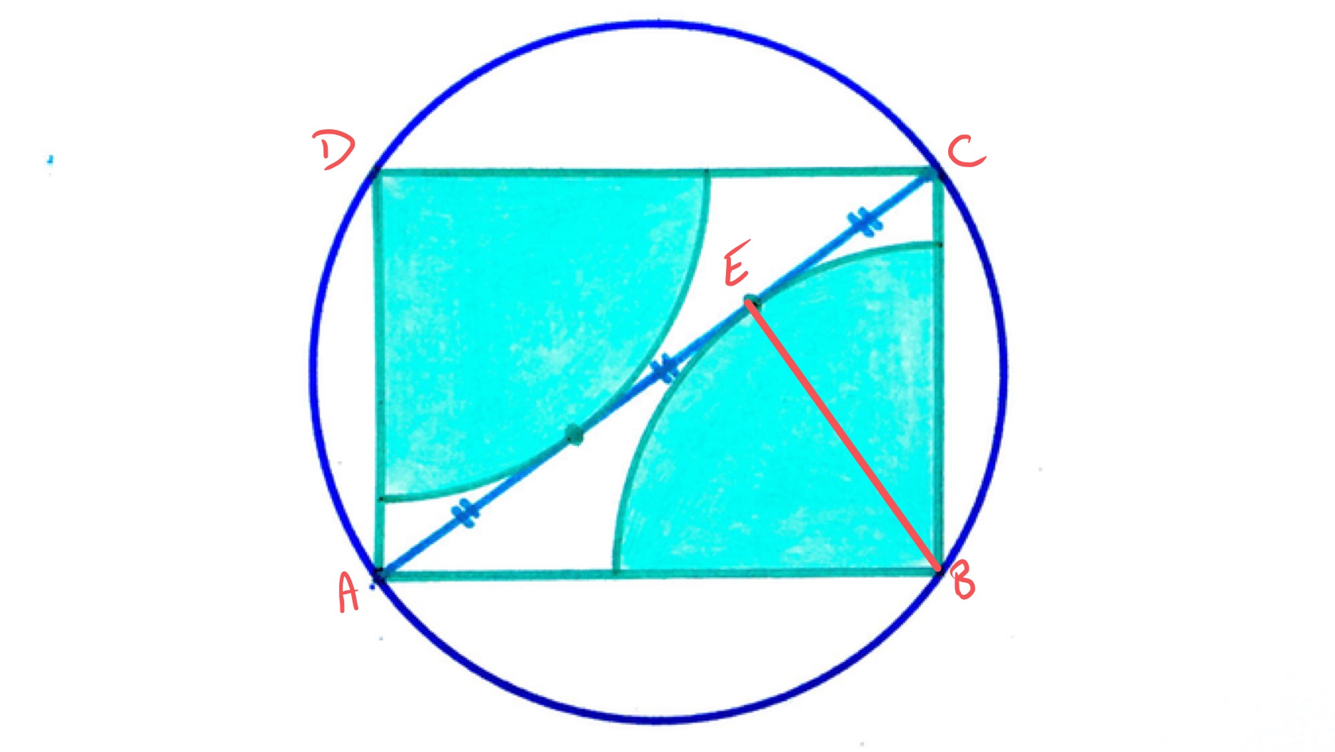 Quarter circles in a rectangle in a circle labelled
