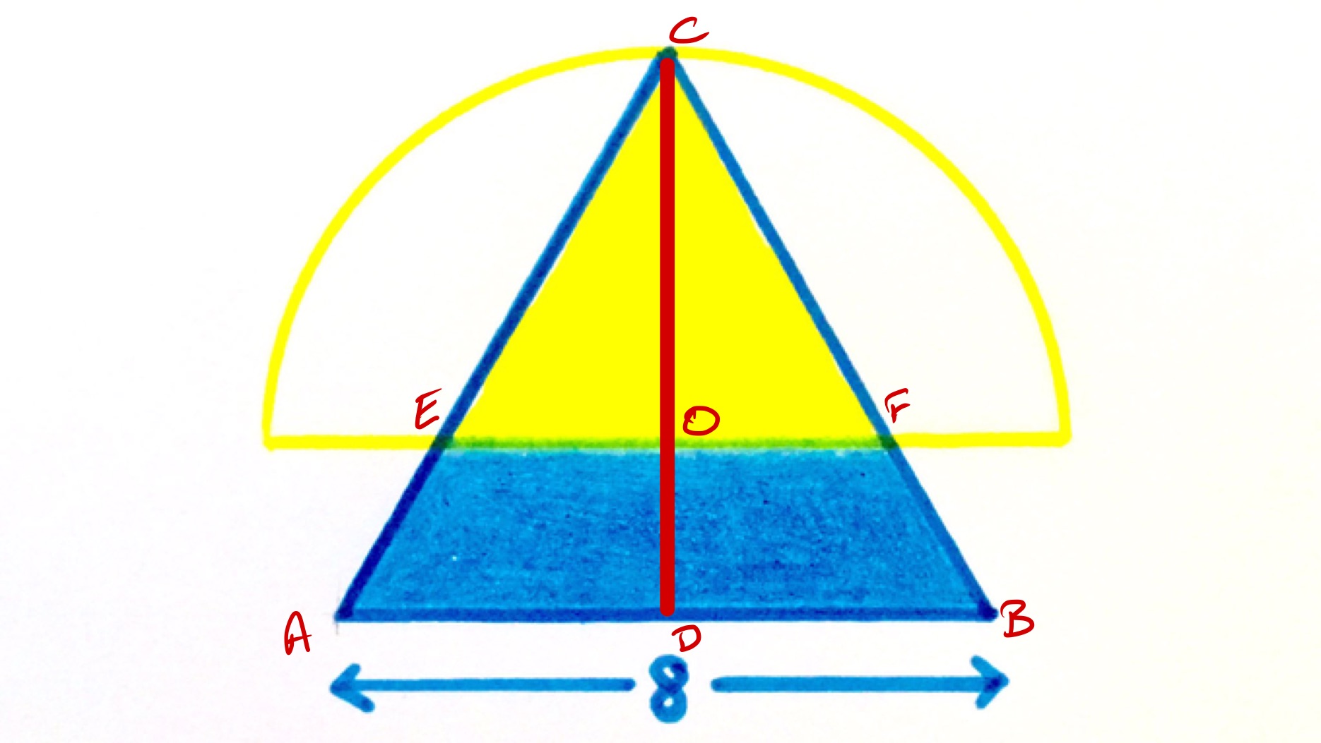 Semi-circle splitting a triangle labelled