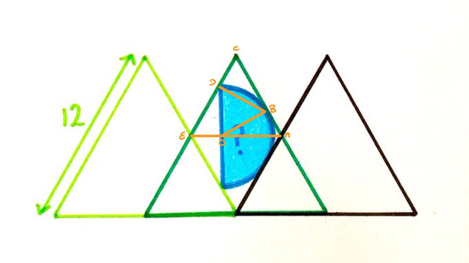 Three equilateral triangles and a semi-circle labelled