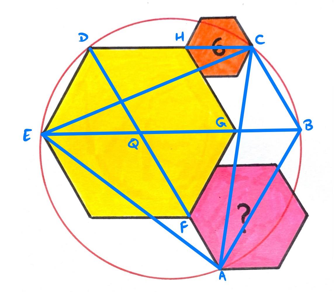 Three hexagons on a circle annotated