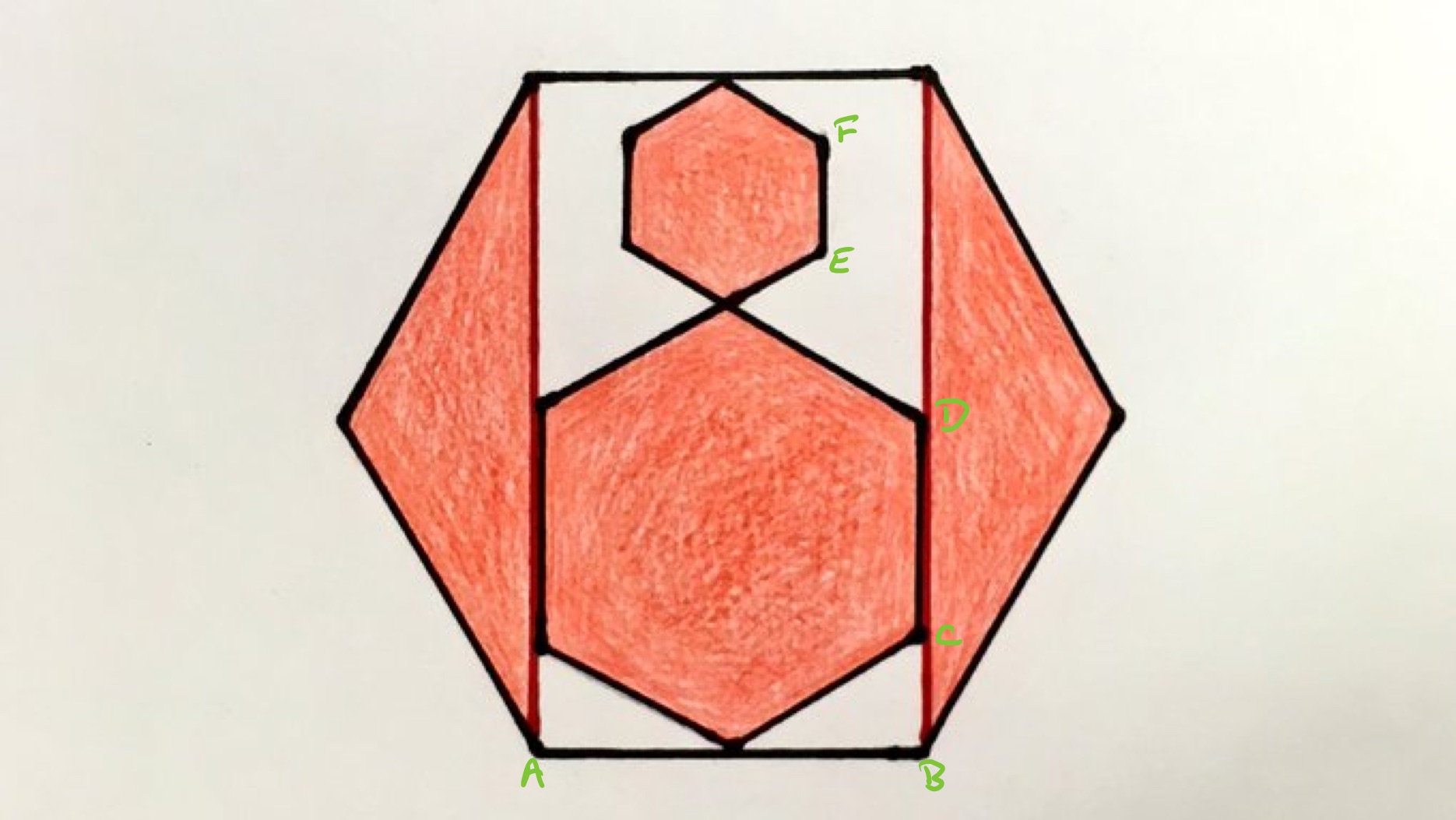 Three regular hexagons labelled