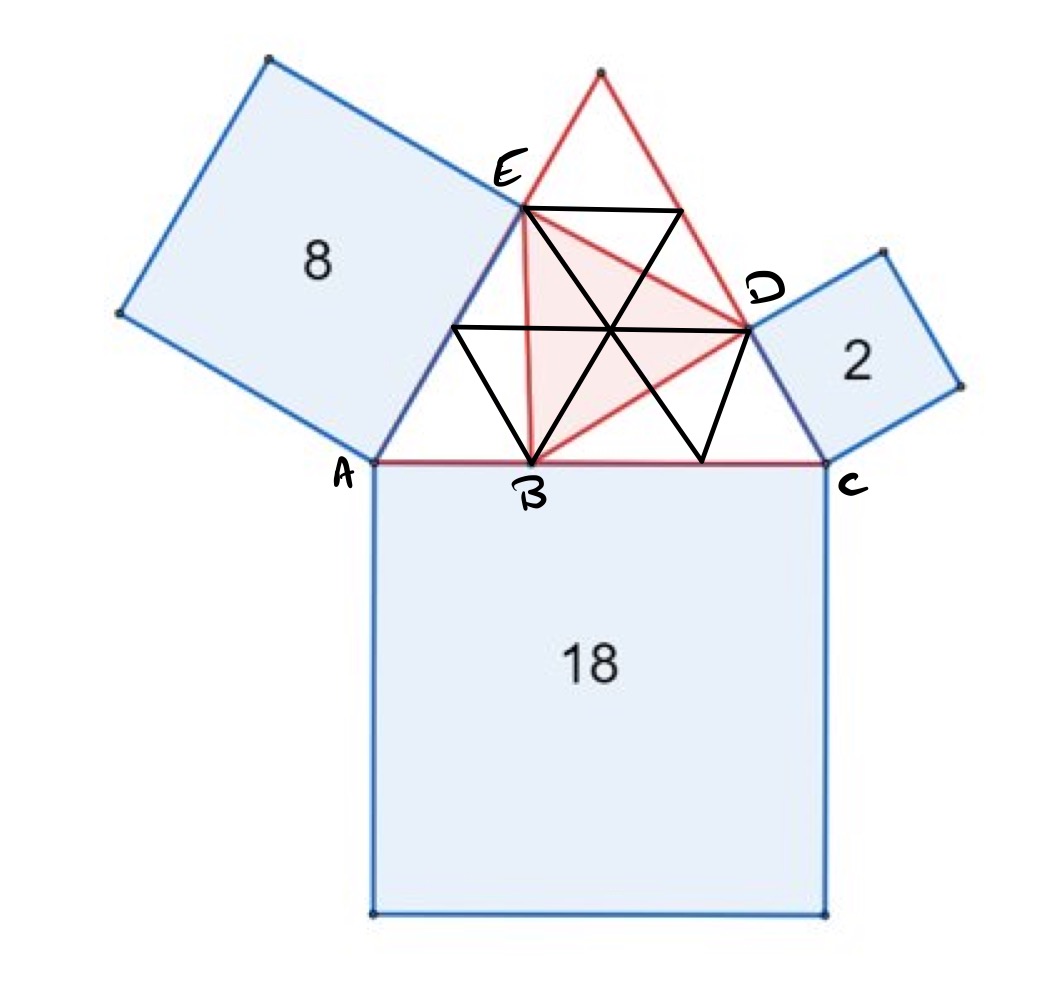 Three squares and two equilateral triangles labelled