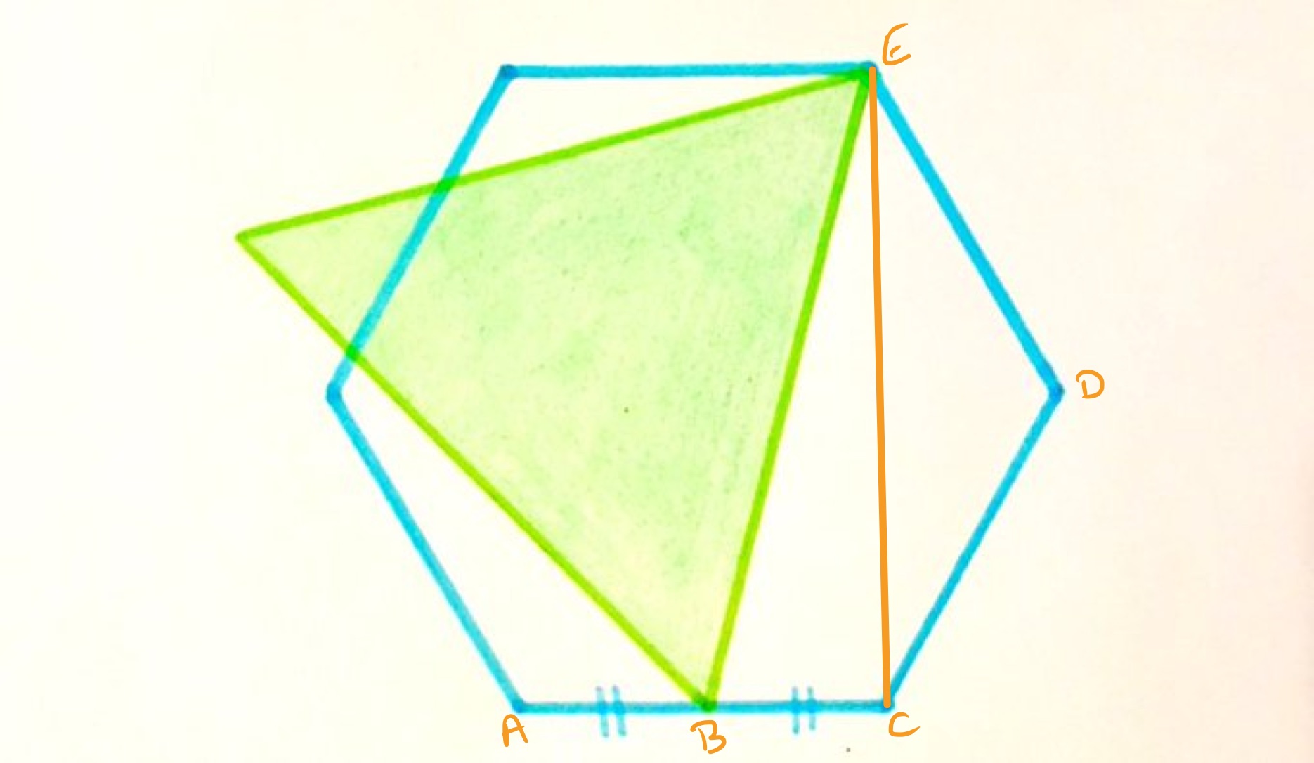 Triangle overlapping a hexagon labelled