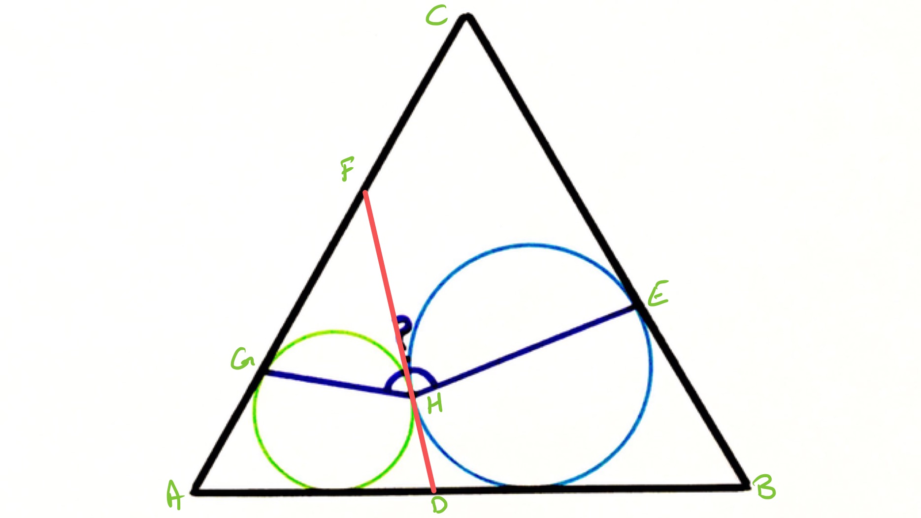 Two circles inside an equilateral triangle labelled