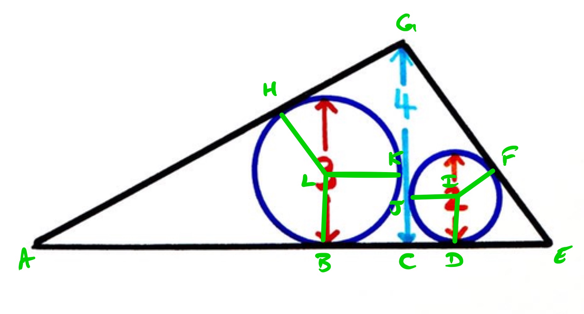 Two circles in a triangle annotated