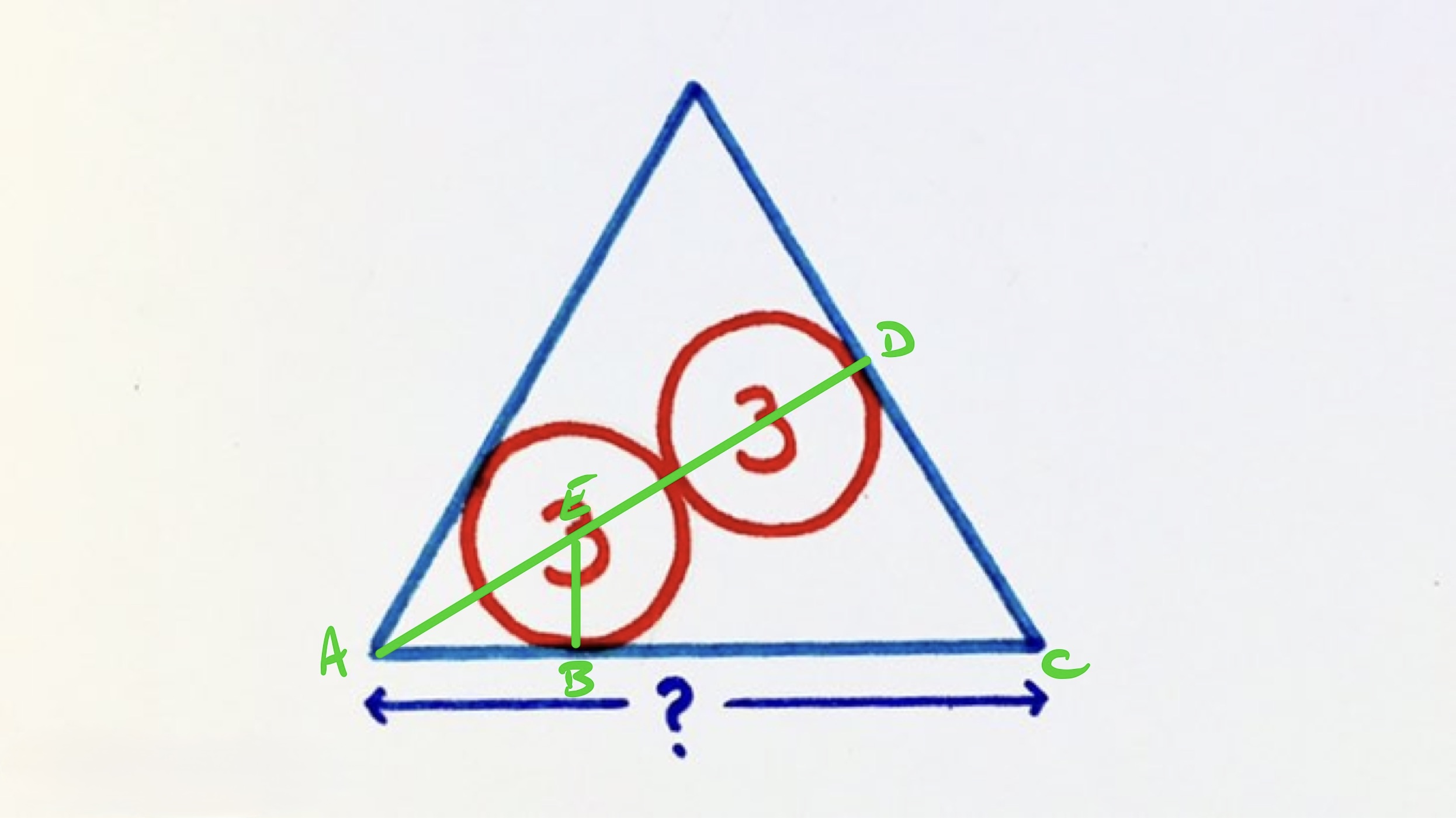 Two circles in an equilateral triangle annotated