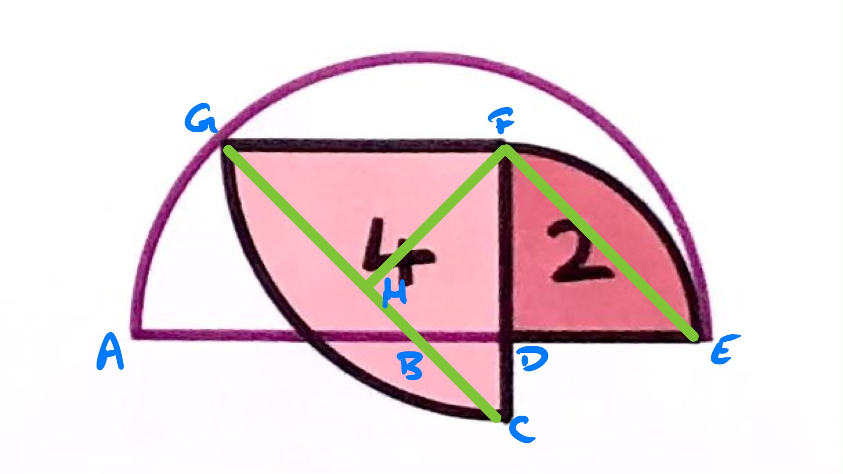 Two quarter circles in a semi-circle II labelled