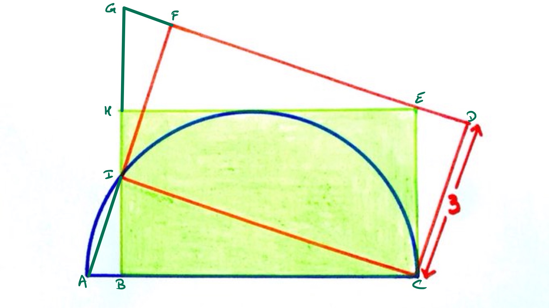 Two rectangles and a semi-circle labelled