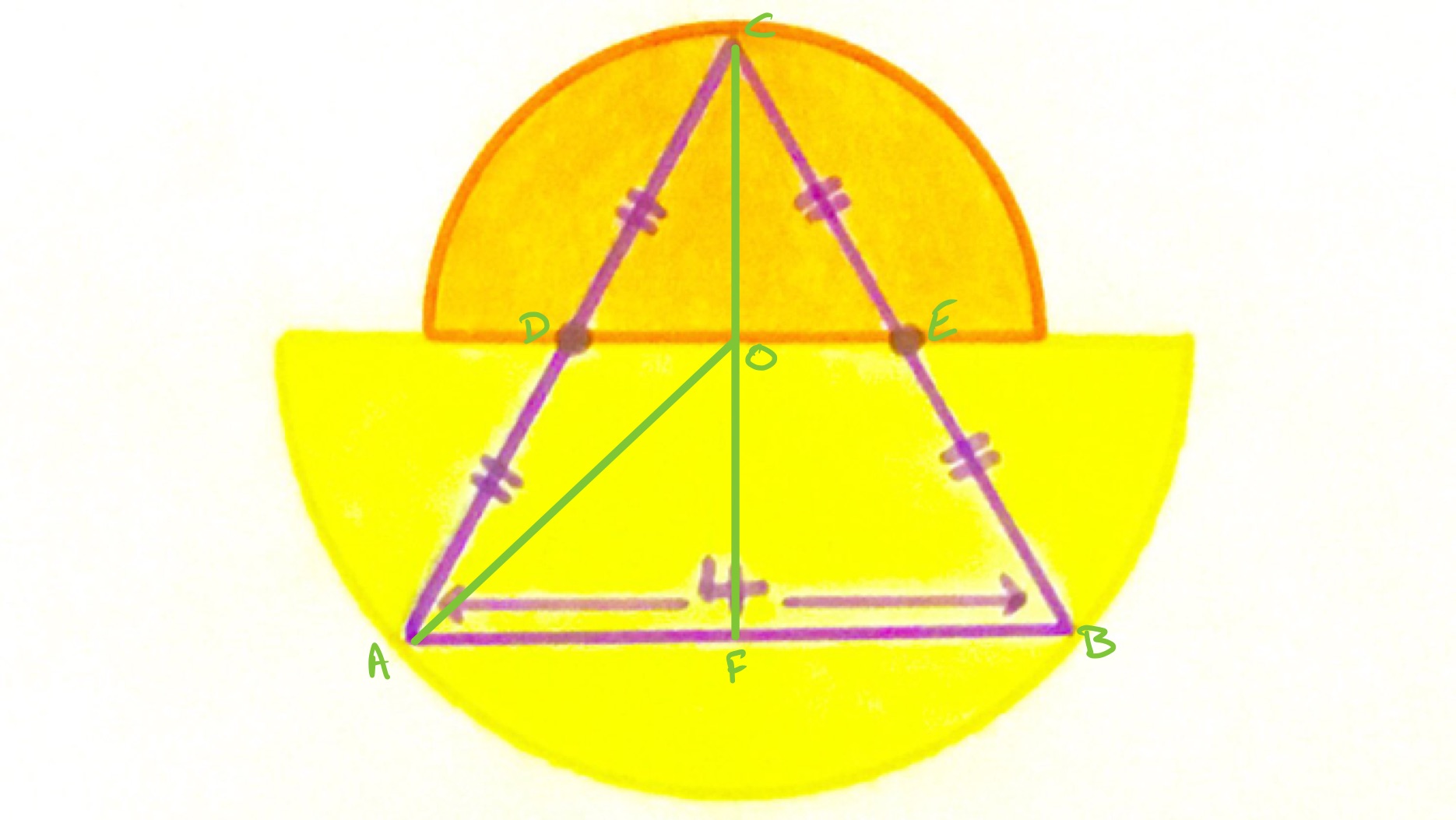 Two semi-circles and an equilateral triangle labelled