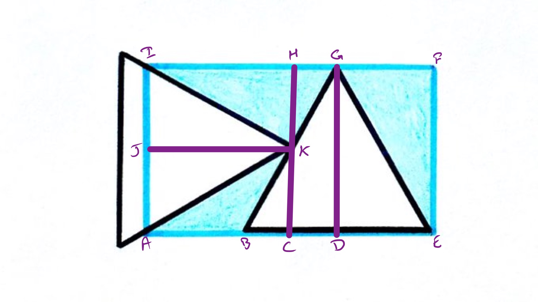Two triangles overlapping a rectangle labelled