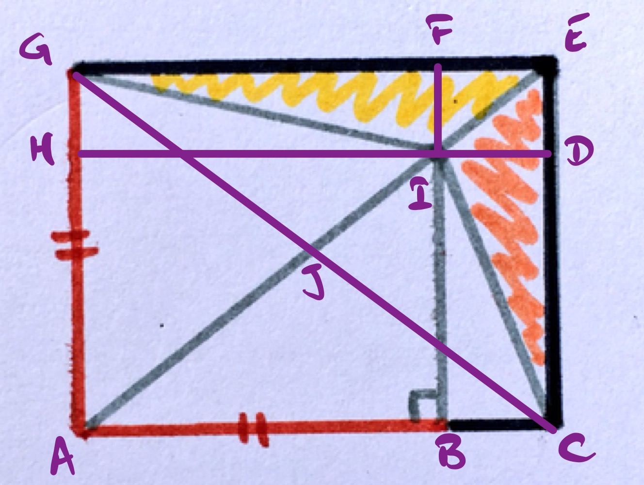 Two triangles in a rectangle annotated